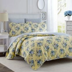Discount ⭐ Deals ⌛ Linley 3-Piece Yellow Floral Cotton Full/Queen Quilt Set by Laura Ashley ✔️ ✨