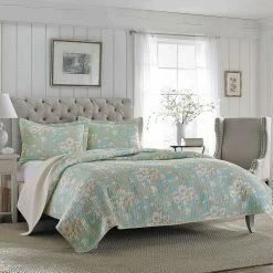 Cheapest 🛒 Discount 🥰 Brompton 3-Piece Blue Cotton Floral King Quilt Set by Laura Ashley 🔥 👍