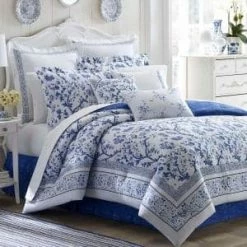 Cheap ⌛ Hot Sale 💯 Charlotte 4-Piece Blue Floral Cotton King Comforter Set by Laura Ashley 🌟 🔥
