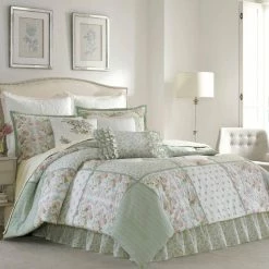 Wholesale ✨ Cheapest 🤩 Harper 4-Piece Jade Green Floral Cotton Queen Comforter Set by Laura Ashley 👏 😍