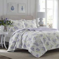 Coupon 👏 Cheapest ⭐ Keighley 3-Piece Purple Solid Cotton Full/Queen Quilt Set by Laura Ashley ✨ 🔔