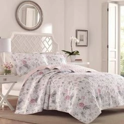 Cheapest ⌛ Cheap ⭐ Breezy Floral 3-Piece Pink and Gray Floral Cotton King Quilt Set by Laura Ashley 🛒 💯