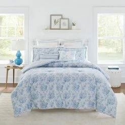 New 🧨 Discount 🔥 Nina 7-Piece Blue Botanical Cotton Full/Queen Comforter Bonus Set by Laura Ashley ⭐ 🥰