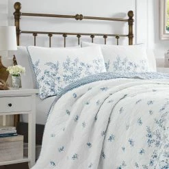 Deals 🤩 Cheap 🎉 Flora 3-Piece Blue Floral Cotton Full/Queen Quilt Set by Laura Ashley 🧨 🎁 -Becky Cameron Shop laura ashley bedding sets ushsa91087707 31 1000
