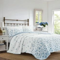 Deals 🤩 Cheap 🎉 Flora 3-Piece Blue Floral Cotton Full/Queen Quilt Set by Laura Ashley 🧨 🎁