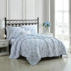 Cheapest 👏 Best Sale 💯 Walled Garden 3-Piece Blue Floral Cotton Full/Queen Quilt Set by Laura Ashley 💯 🥰