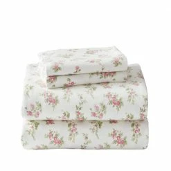 Promo ๐งจ Best Sale โค๏ธ Audrey 4-Piece Pink Floral Flannel King Sheet Set by Laura Ashley ๐ ๐