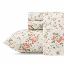 Best Sale ๐ Best Sale โจ Lilian 4-Piece Pastel Red Floral 300-Thread Count Sateen Queen Sheet Set by Laura Ashley ๐งจ ๐