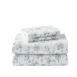 Brand new 😀 Coupon 🥰 Le Fleur 4-Piece Light Pastel Blue Floral Flannel Queen Sheet Set by Laura Ashley 😍 ✨