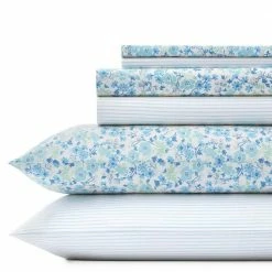 Budget 😉 Best Sale 🎁 Jaynie 6-Piece Blue Floral and Striped Cotton Queen Sheet Set Bonus by Laura Ashley 🤩 🔔
