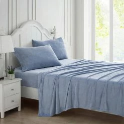 Best Pirce 😀 Best Sale 🎁 LA Solid 4-Piece Blue Plush Fleece Microfiber Queen Sheet Set by Laura Ashley 😀 🎁 -Becky Cameron Shop laura ashley sheet sets ushsa01196143 31 1000