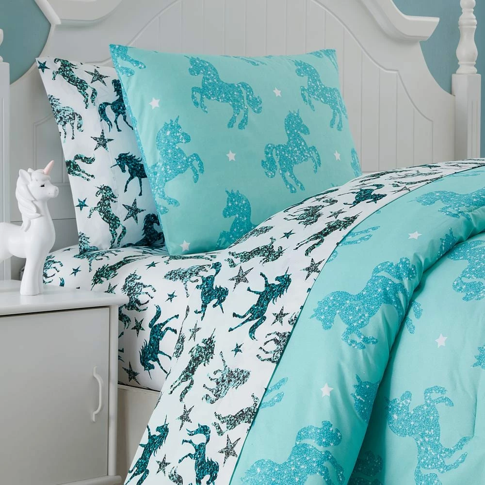 Best Sale 👍 Best deal 🛒 Kute Kids Aqua Unicorn Sparkle 5-Piece Twin Bedding Set by Morgan Home ⌛ ✨ 4 Best Sale 👍 Best deal 🛒 Kute Kids Aqua Unicorn Sparkle 5-Piece Twin Bedding Set by Morgan Home ⌛ ✨ - Image 4