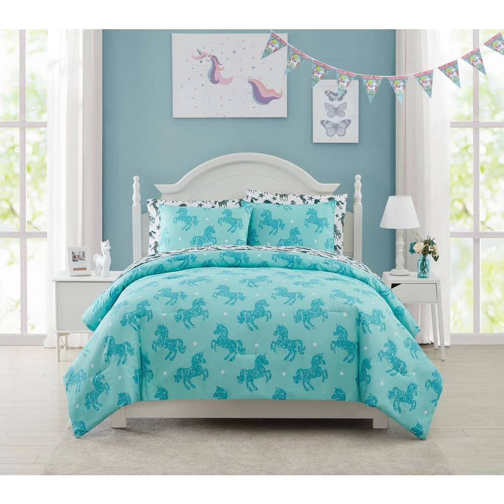 Best Sale 👍 Best deal 🛒 Kute Kids Aqua Unicorn Sparkle 5-Piece Twin Bedding Set by Morgan Home ⌛ ✨ 1 Best Sale 👍 Best deal 🛒 Kute Kids Aqua Unicorn Sparkle 5-Piece Twin Bedding Set by Morgan Home ⌛ ✨