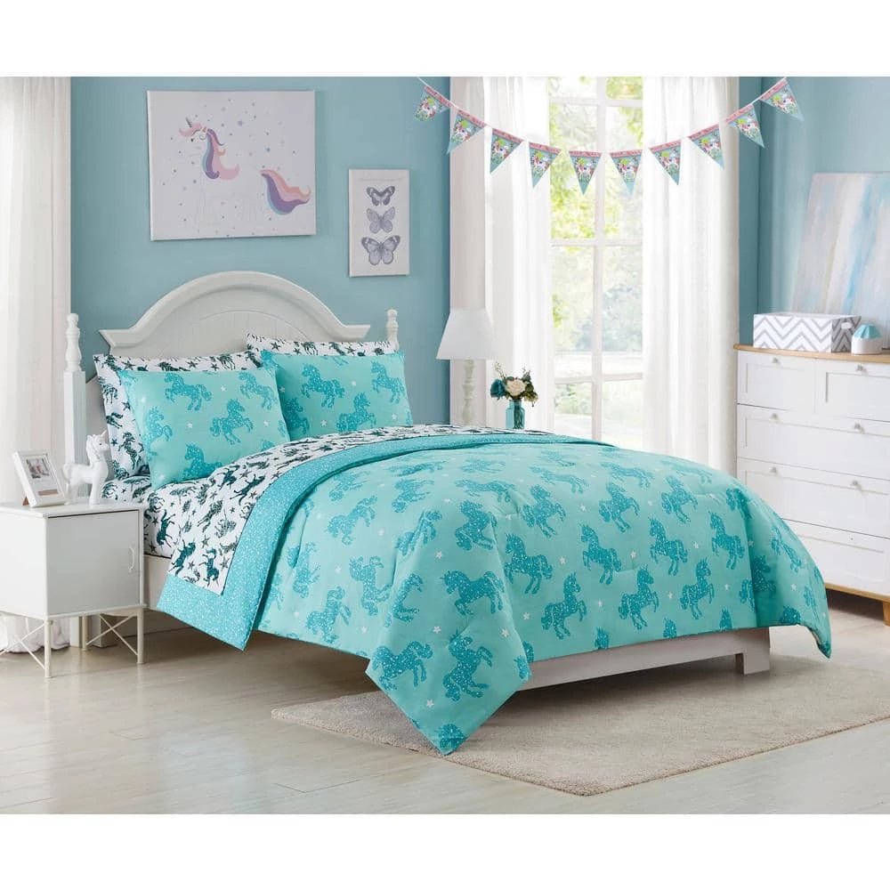 Best Sale 👍 Best deal 🛒 Kute Kids Aqua Unicorn Sparkle 5-Piece Twin Bedding Set by Morgan Home ⌛ ✨ 2 Best Sale 👍 Best deal 🛒 Kute Kids Aqua Unicorn Sparkle 5-Piece Twin Bedding Set by Morgan Home ⌛ ✨ - Image 2