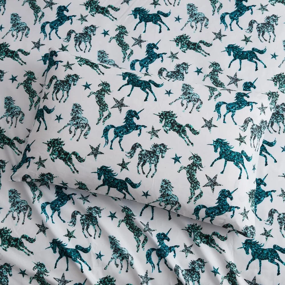 Best Sale ๐ Outlet ๐ Kute Kids Glitter Unicorn Aqua Queen Sheet Set by Morgan Home ๐ โจ 2 Best Sale ๐ Outlet ๐ Kute Kids Glitter Unicorn Aqua Queen Sheet Set by Morgan Home ๐ โจ - Image 2