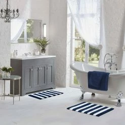 Hot Sale 😀 Best Pirce 🥰 Striped Multi-colored Navy/White 17 in. x 24 in. and 20 in. x 32 in. Polyester Rectangle Bathmat (2-Piece/Set) by Laura Ashley ✨ 🌟 -Becky Cameron Shop navy white laura ashley bathroom rugs bath mats lab013323 31 1000