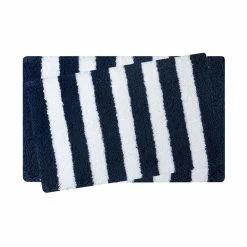 Hot Sale 😀 Best Pirce 🥰 Striped Multi-colored Navy/White 17 in. x 24 in. and 20 in. x 32 in. Polyester Rectangle Bathmat (2-Piece/Set) by Laura Ashley ✨ 🌟